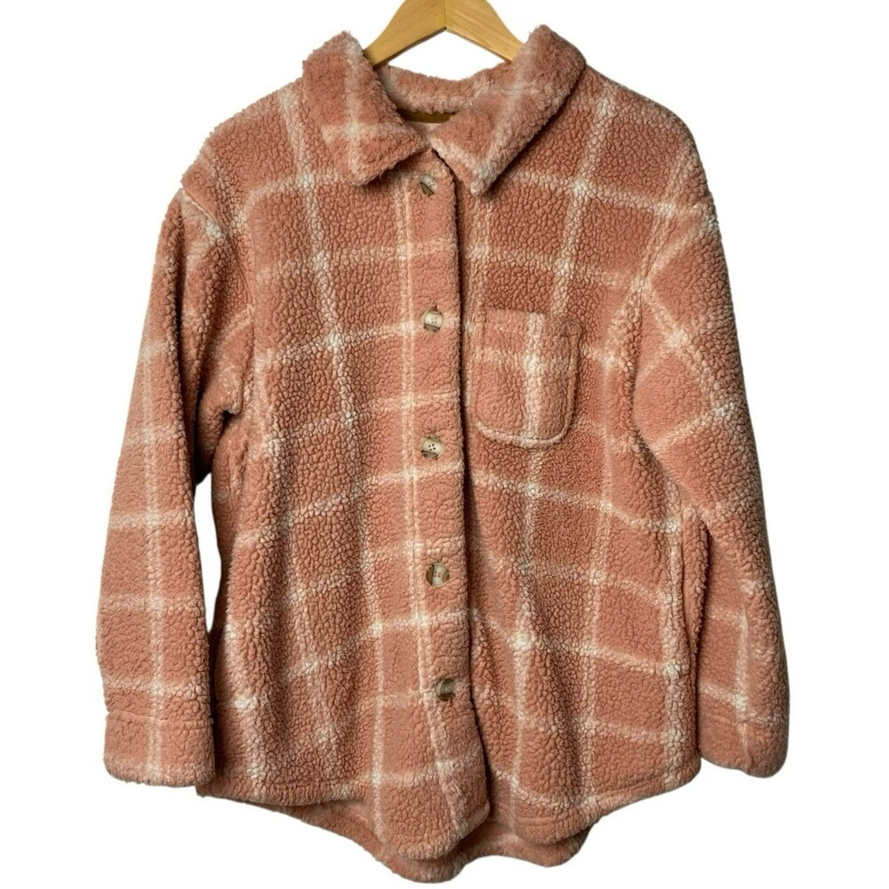 Koolaburra UGG Sherpa Shacket Womens M Pink Plaid Button Jacket Cozy Layering